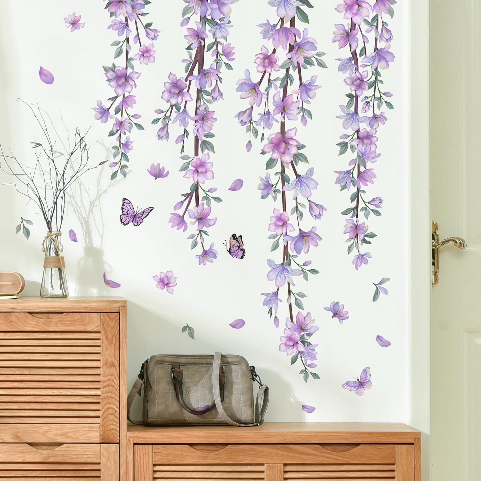 Hanging Creative Removable DIY Purple Flower and Vines Some Flying Butterfly …