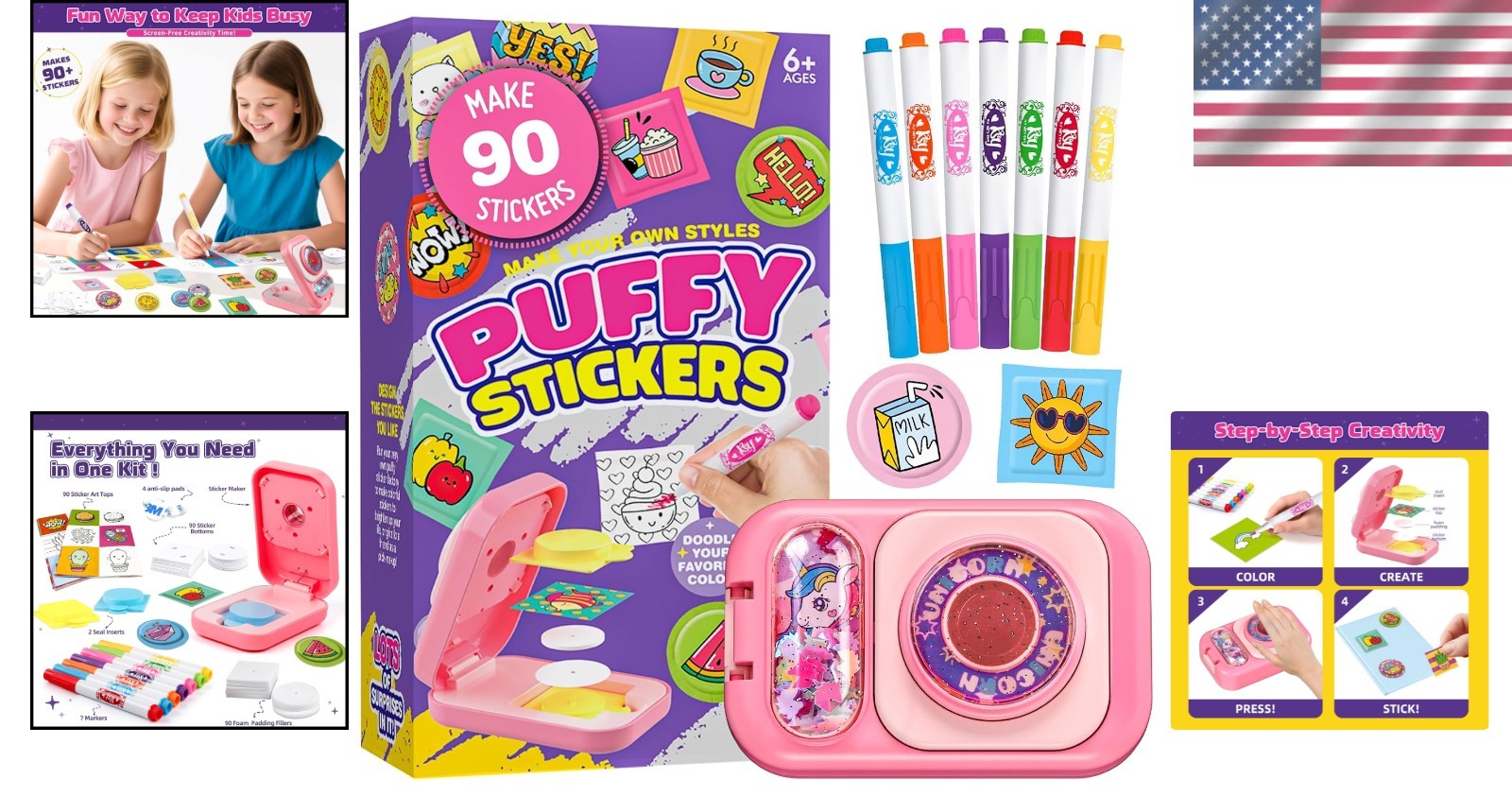 Creative Sticker Maker Kit – 90 Puffy Stickers with 7 Markers for Arts & Crafts