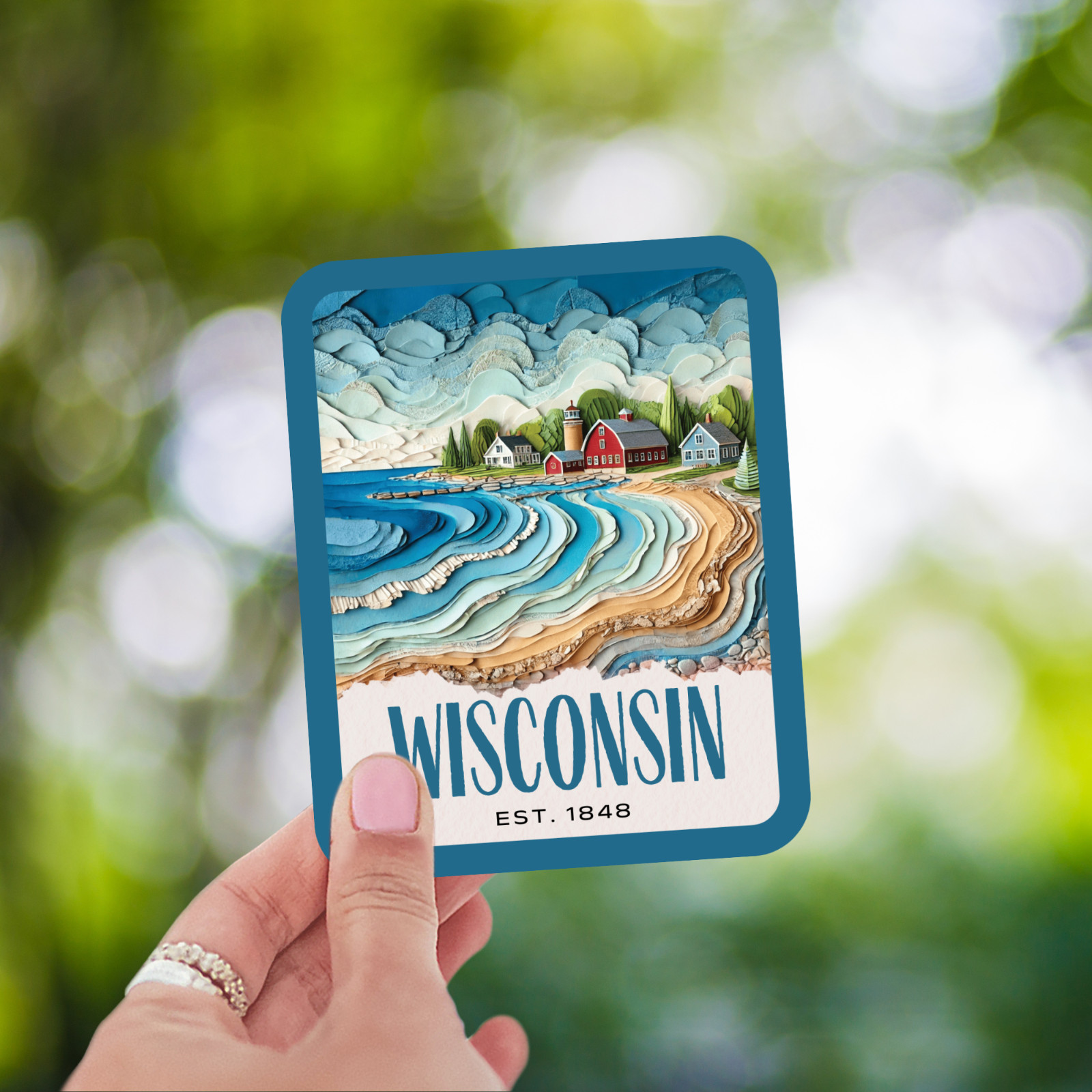 Wisconsin State Sticker, Paper Collage Look, Scenic Door County Decal