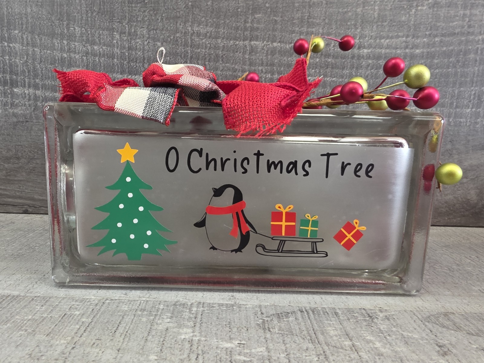 Handcrafted Christmas Penguin Glass Block 8x4x3" Lights Up O Christmas Tree g50