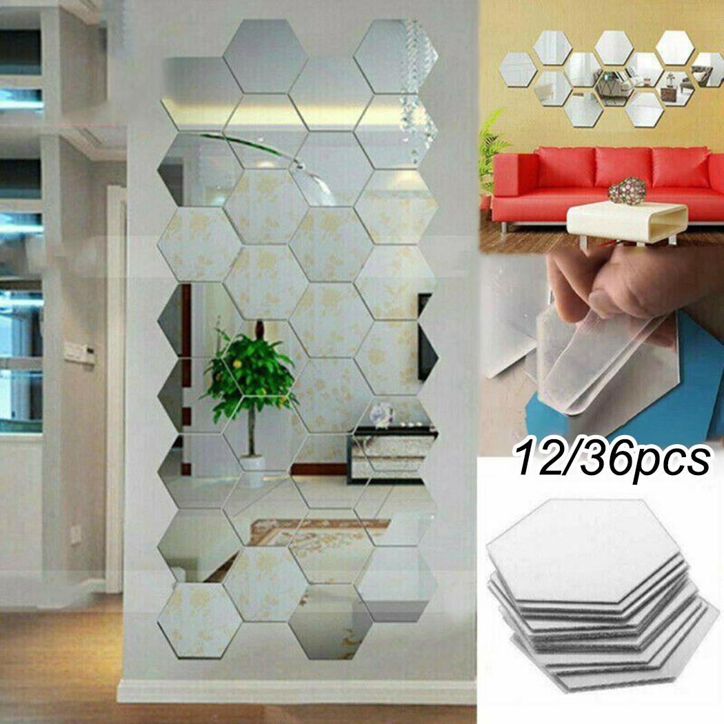 12/36pcs Art Mirror Hexagon Removable Acrylic Wall Stickers DIY Room Decor