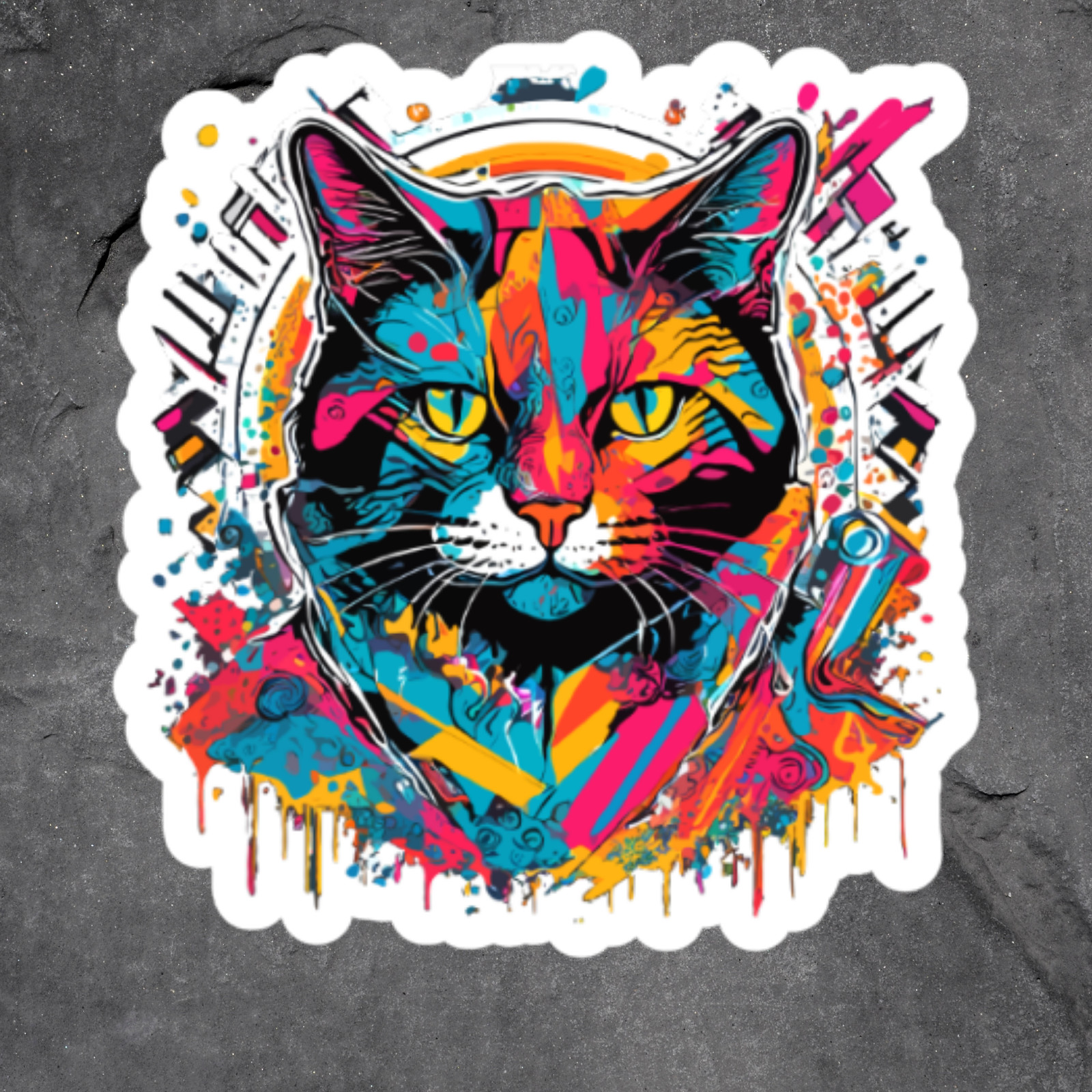 Cat Sticker Vinyl Decal Headphones Music Lover Colorful Neon Art