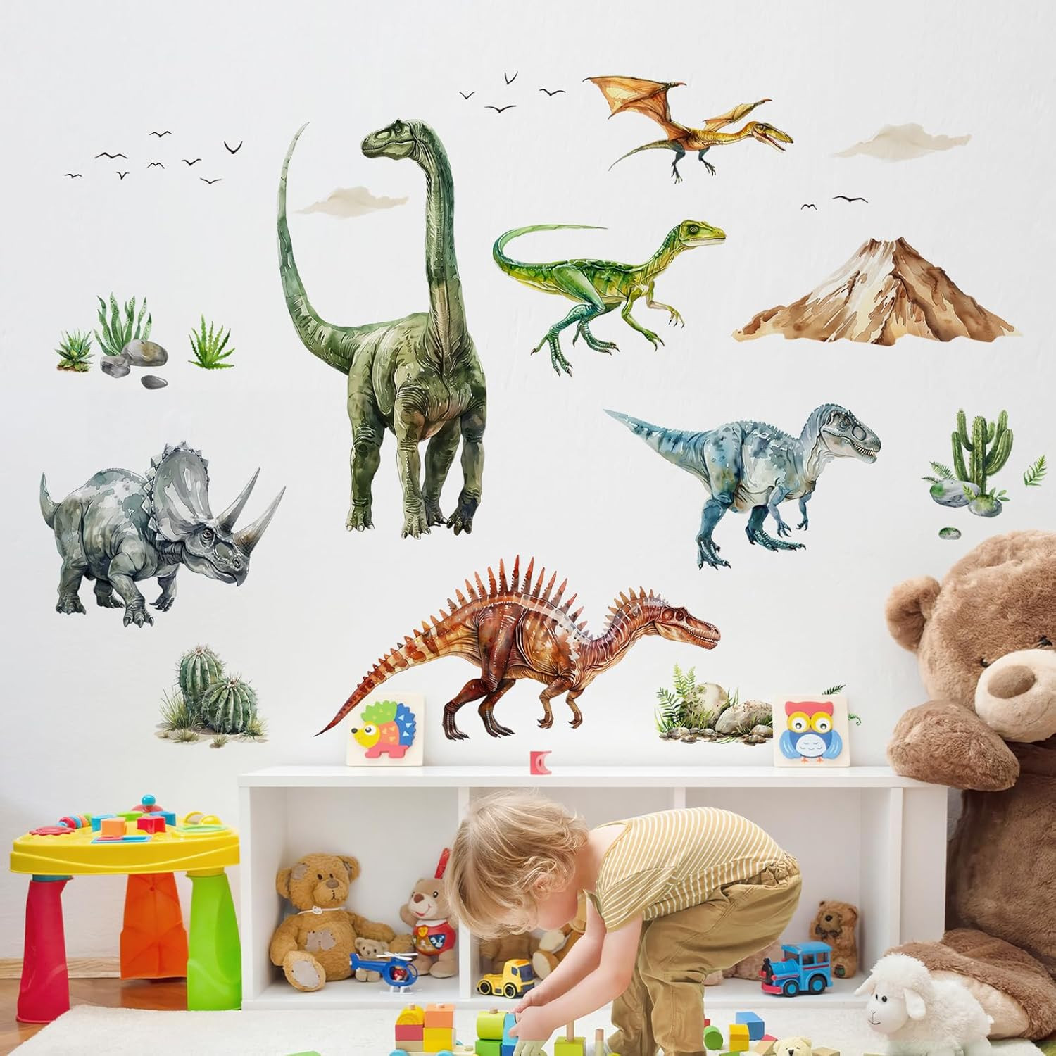 Dinosaur Wall Decals, Large Dino Wall Stickers Volcano Tropical Plants Cactus Pe