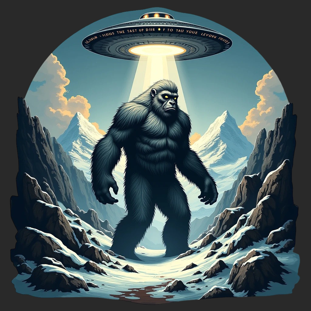 Bigfoot sticker vinyl decal alien UFO snowy mountains abduction cryptid sci fi