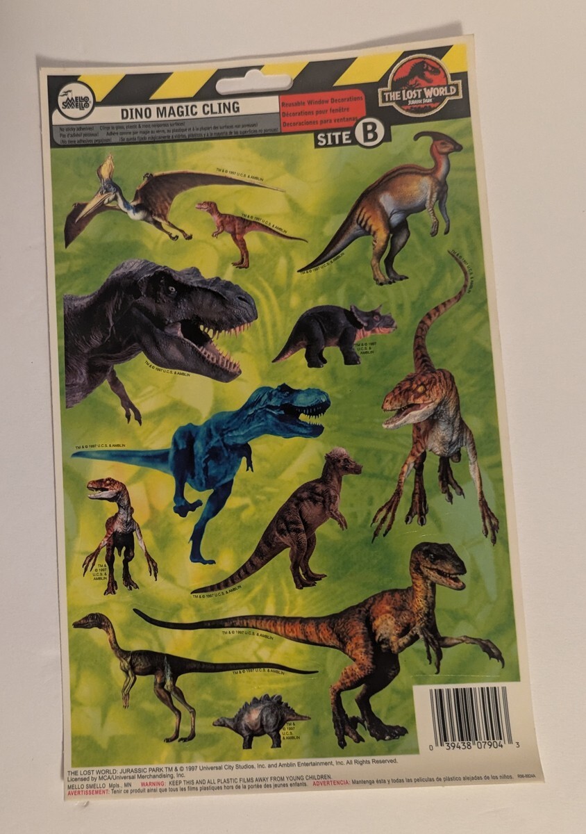 2 The Lost World Jurassic Park reusable window decorations. Unused 1997