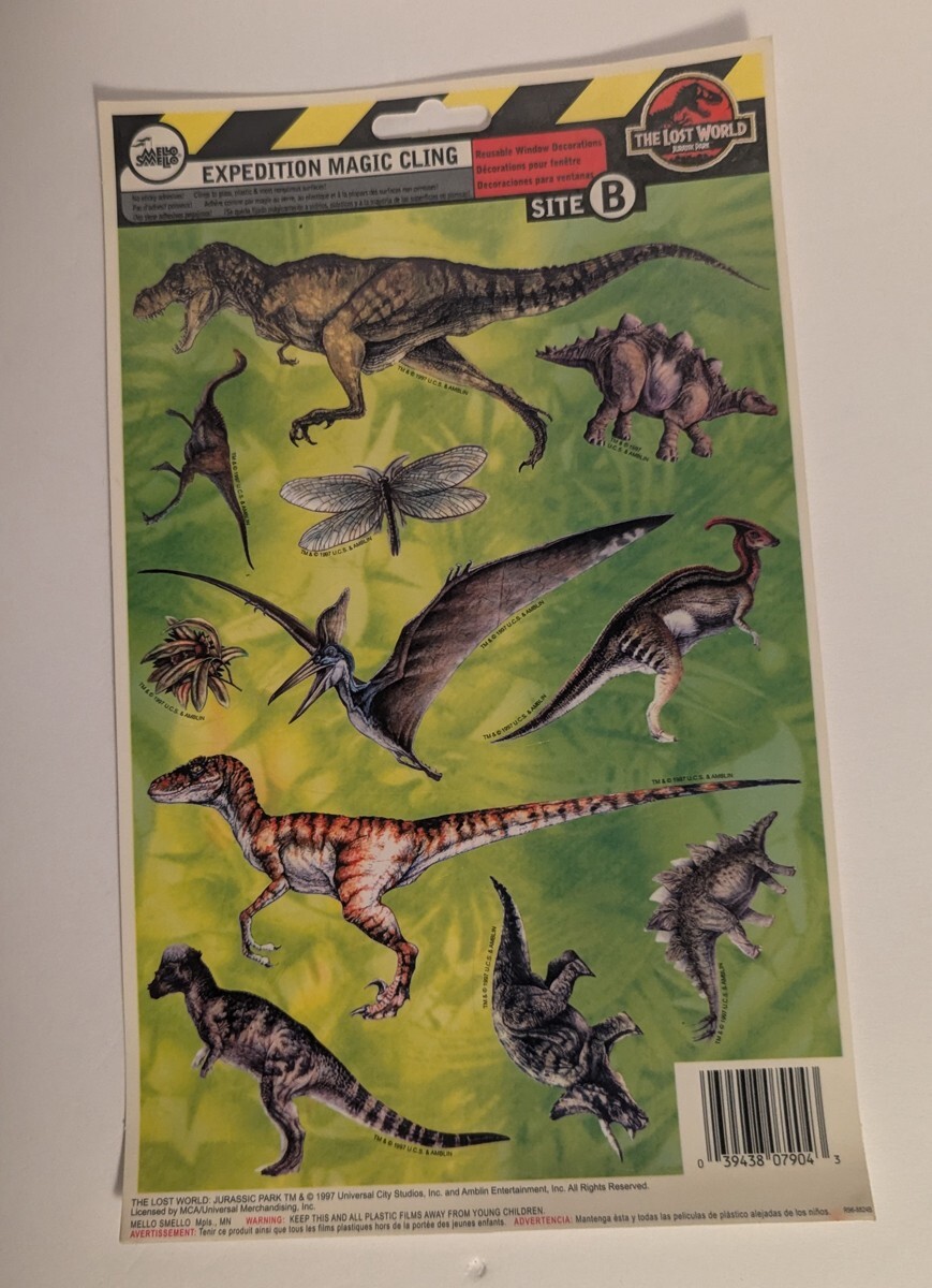 2 The Lost World Jurassic Park reusable window decorations. Unused 1997