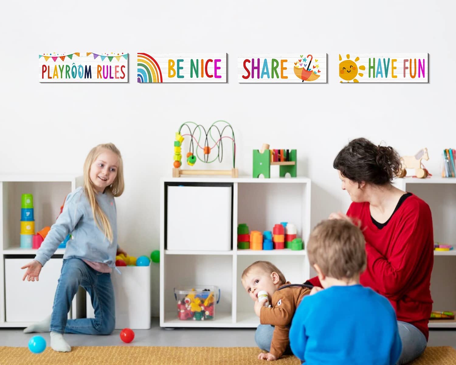 Playroom Sign Kids Wall Decor 4Pcs Rules Quotes Be Nice Share Have Fun Wooden