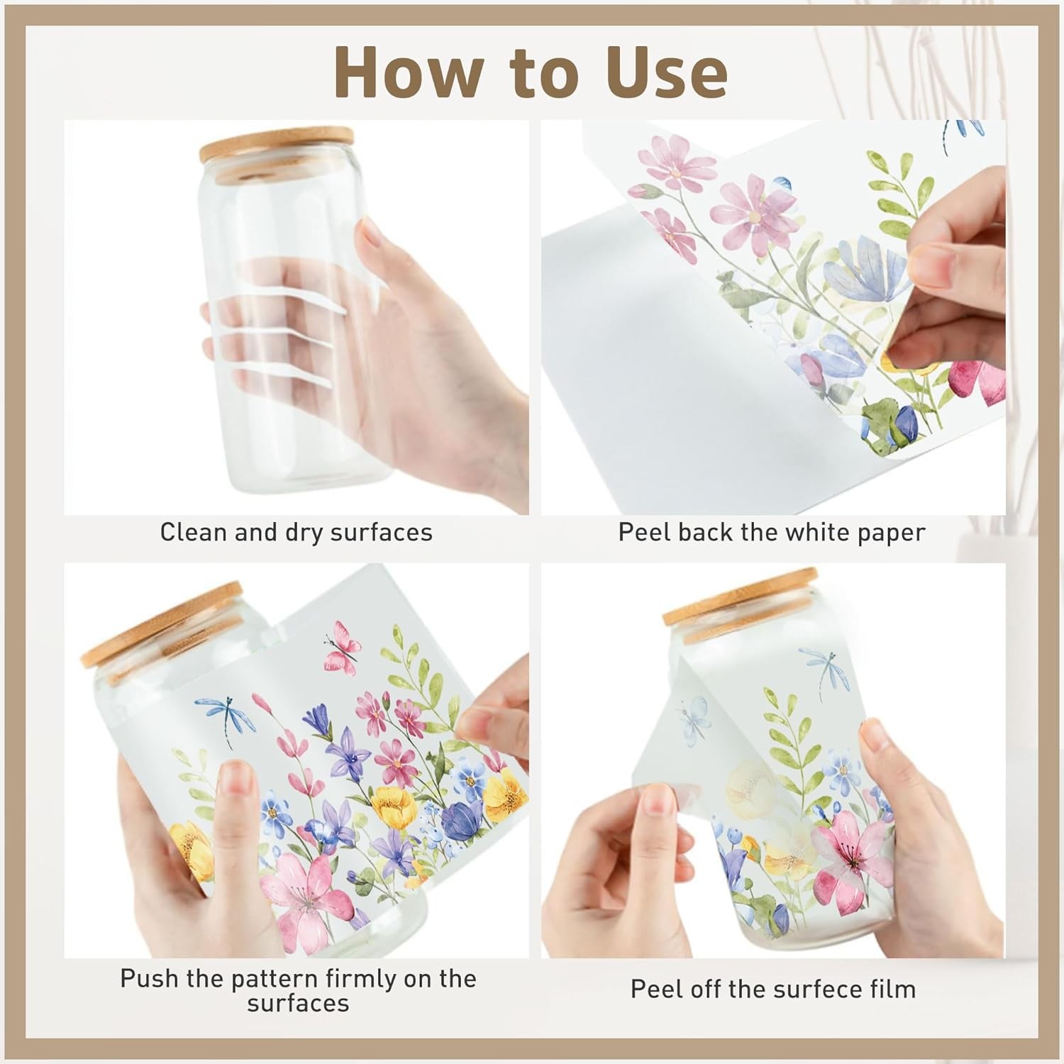 8 Sheets Flower UV DTF Cup Wraps for 16oz Glass Cups Waterproof Transfers