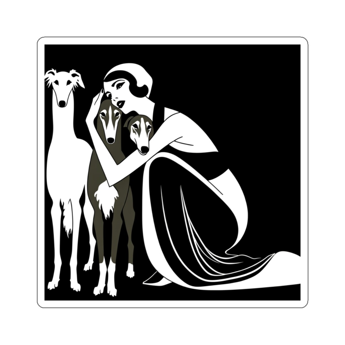 Sticker Art Deco Elegant Woman with Borzoi Dogs Illustration 2×2" 3×3" 4×4" 6×6"