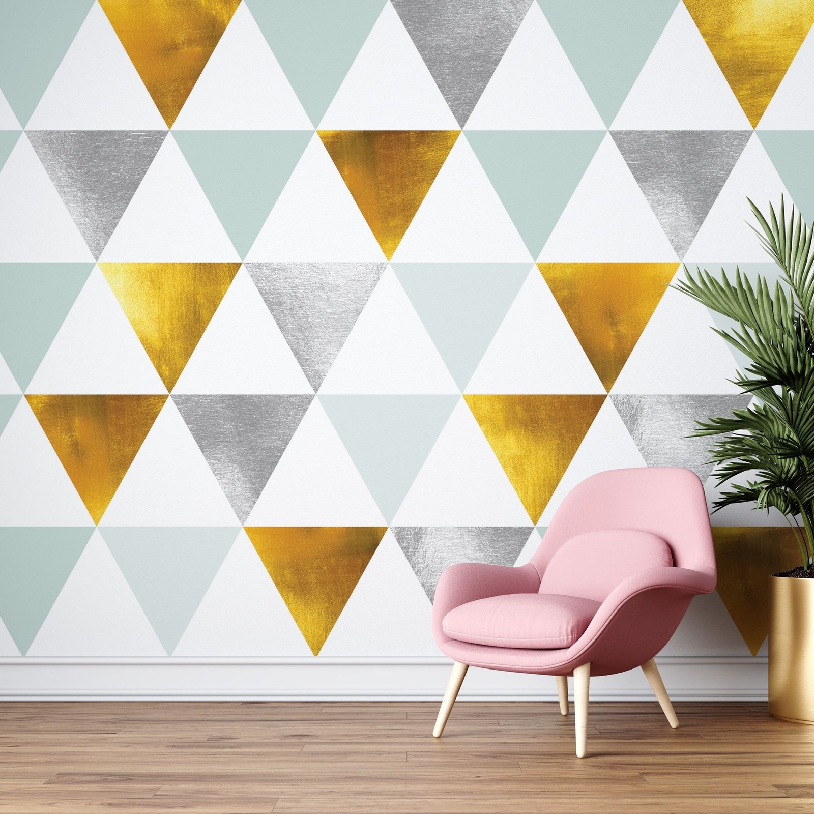 Triangle Geometric Abstract Pattern Wall Mural. Gold, Silver, Teal, Turquoise an