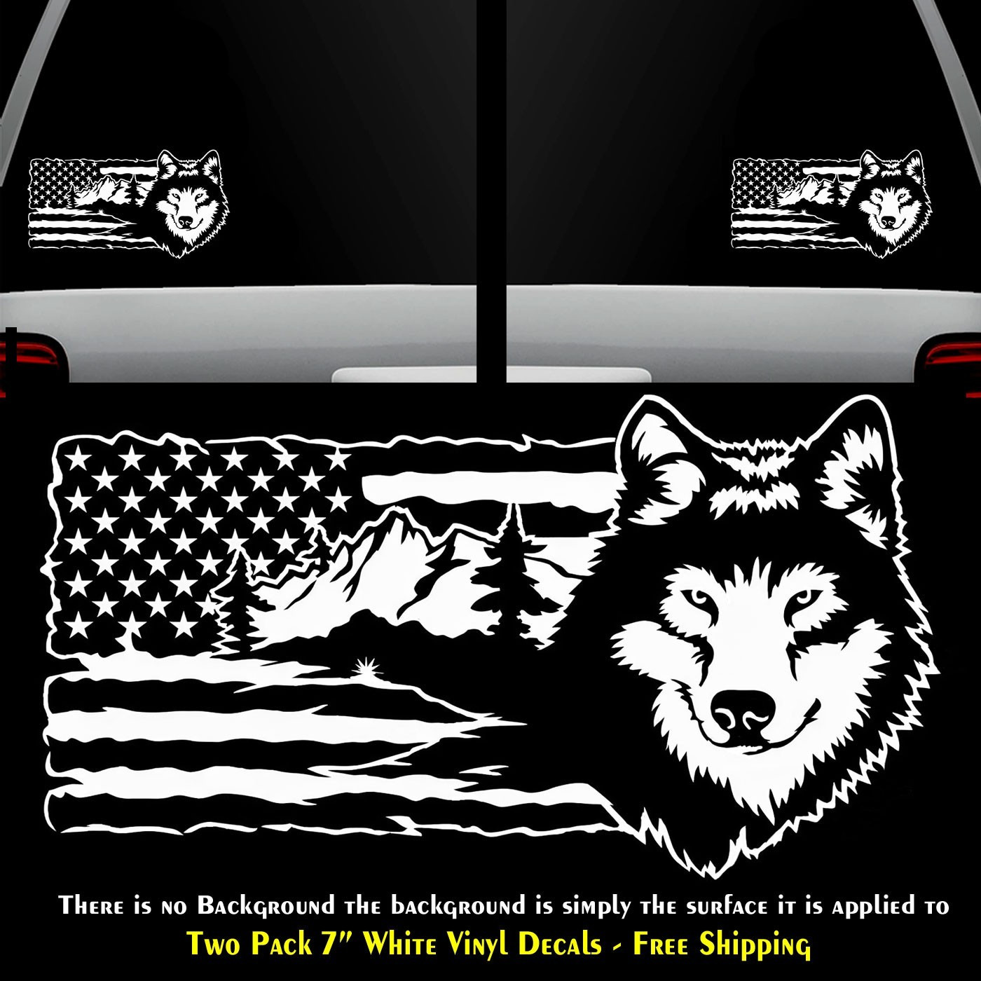 Wolf Scene American Flag 2 PK 7" White Vinyl Decal Car Truck Camper Window Door