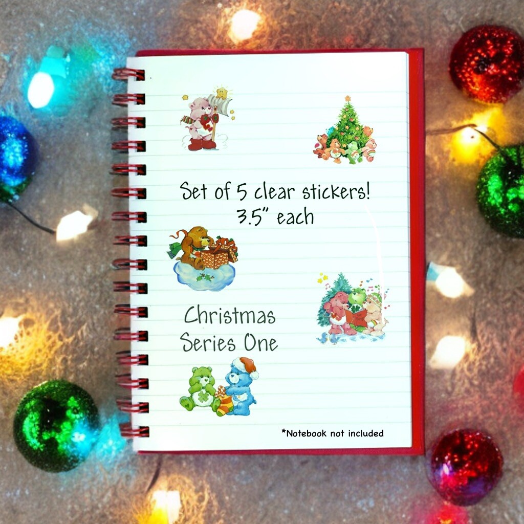 Care Bears Sticker SET OF 5, Clear Decals 3.5” Bear Cousins Christmas Series 1