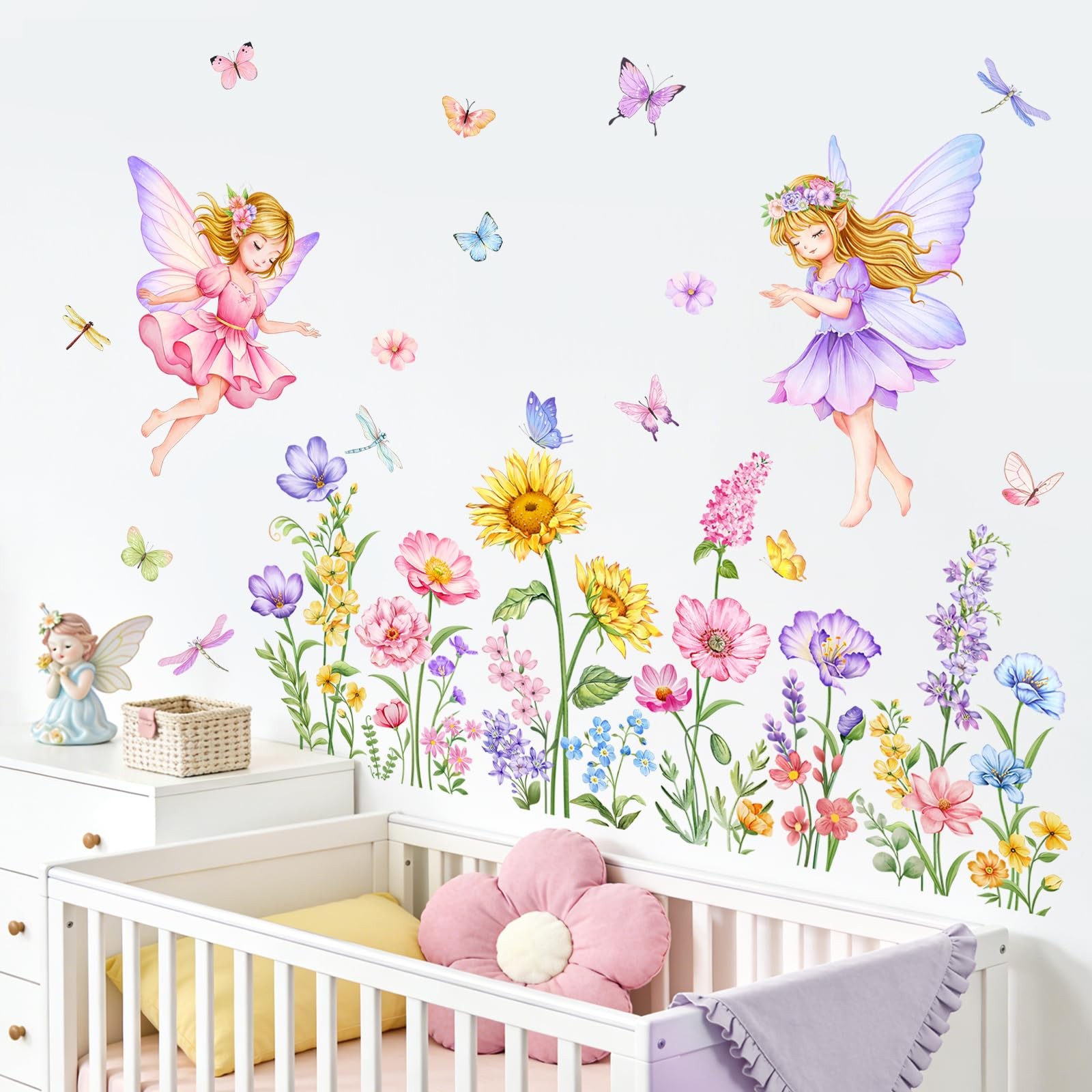 Flower Fairy Wall Decals Flying Elves Garden Floral Butterflies Wall Art Stic…