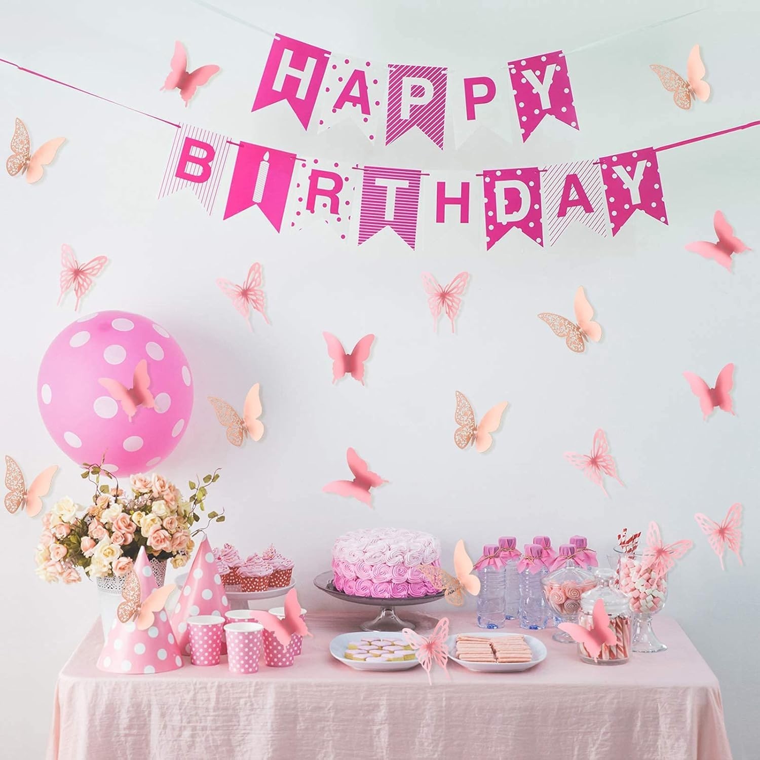 Romantic 3D Pink Butterfly Wall Stickers – 144 Assorted Pieces for Parties