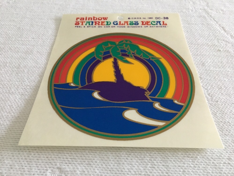 Stained Glass Decal Palm Tree Ocean Rainbow Window Sticker Car Home Vintage 1980