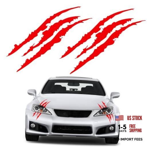 2PCS Claw Mark Decals for Cars, Reflective Auto Headlight Scratches Stripes Red
