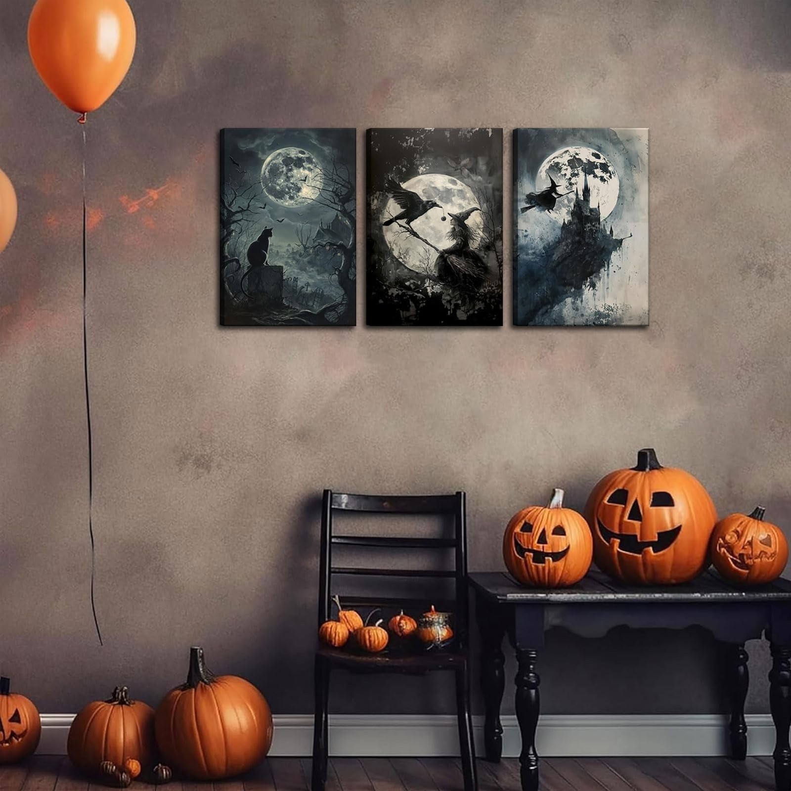 3Pcs Halloween Witch Canvas Wall Art Vintage Witchy Woman Black Cat Crow Wall…