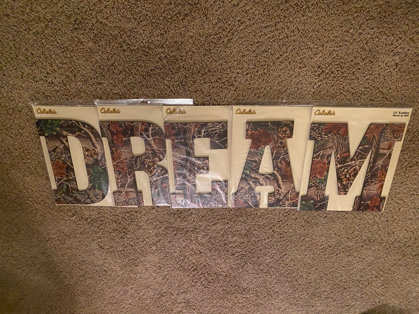 5pc Cabelas Camouflage Wall Decor Lettering “DREAM” 13 Inches New In Package