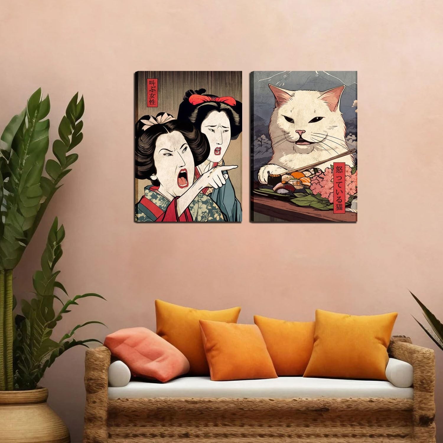 Funny Anime Posters Japanese Decor Set of 2 – Woman Yelling at Cat Canvas Wal…