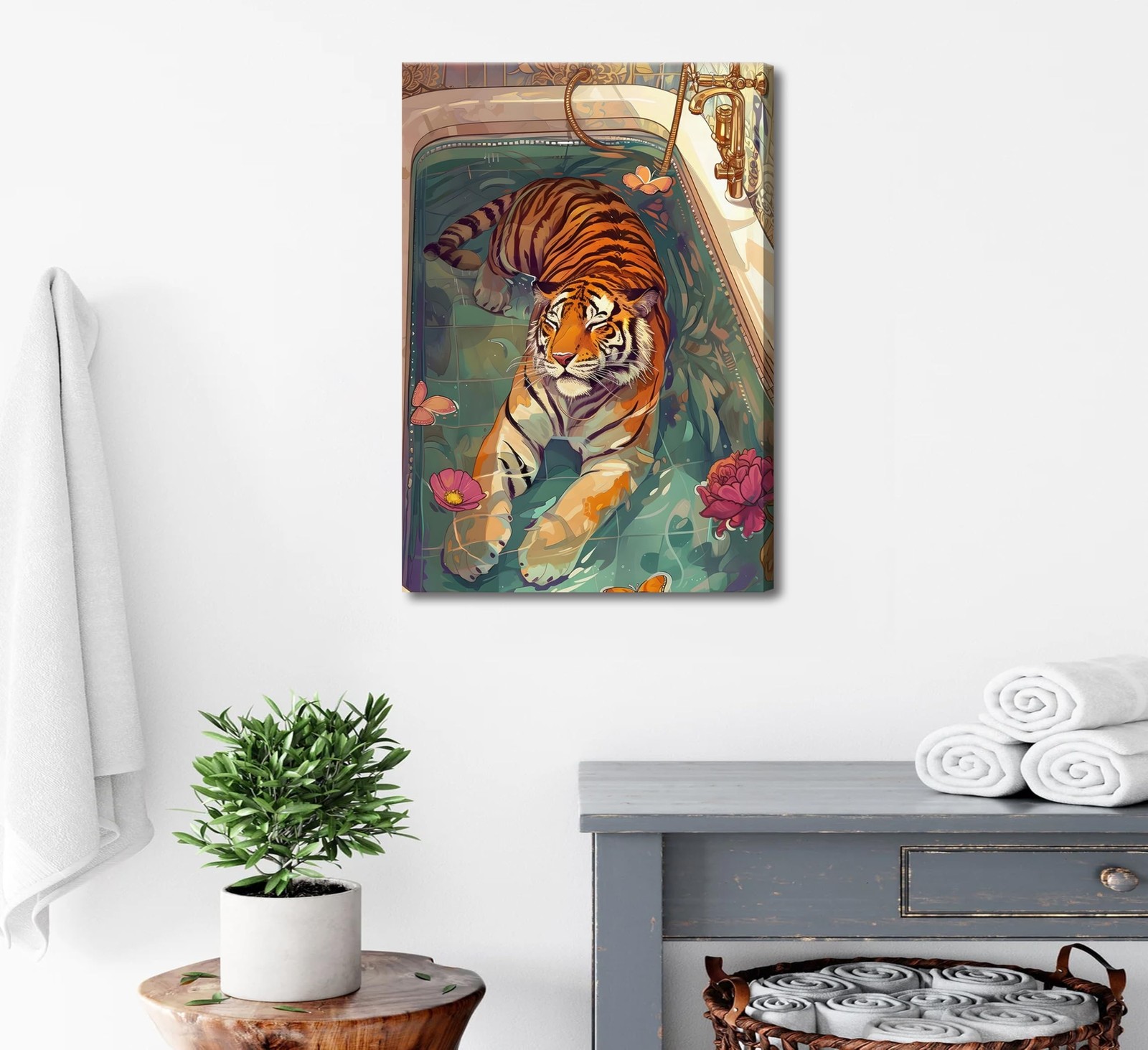 Tiger in Bathtub Canvas Wall Art Funny Bathroom Animal Painting Picture Wall …