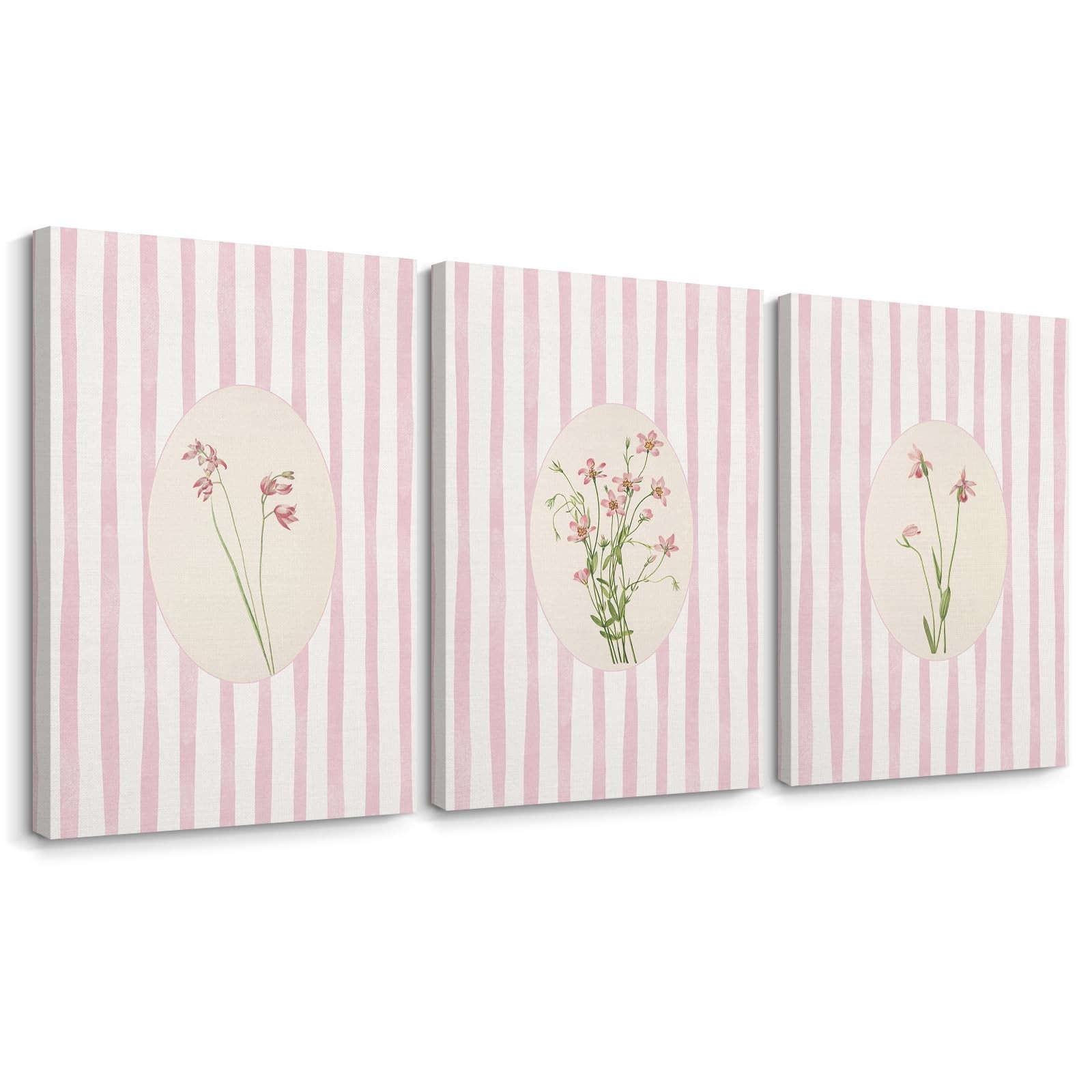 Pink Flower Wall Art Striped Floral Prints Botanical Canvas Wall Decor Aesthe…