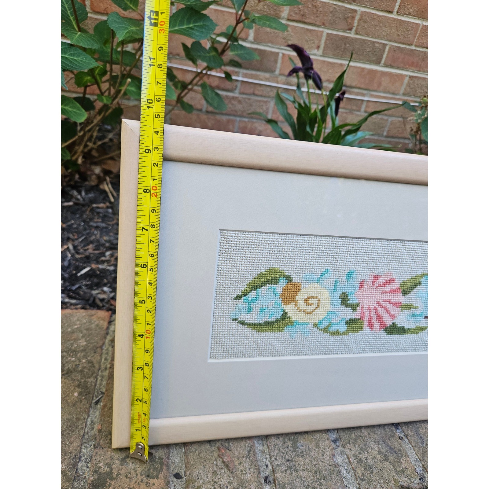 Vintage Matted & Framed Seashell Cross Stitch Art, 25" x 9.75" Ocean Beachhouse