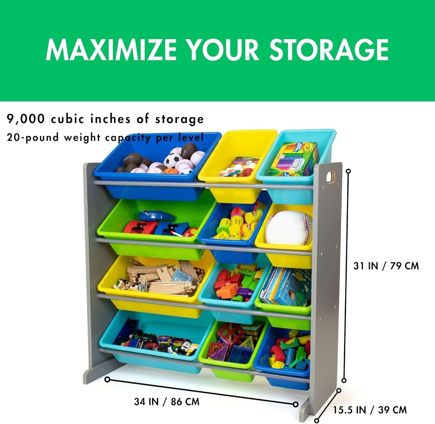 Kids Toy Storage Organizer with 12 Plastic Bins, Grey/Blue/Green/Yellow – Remova