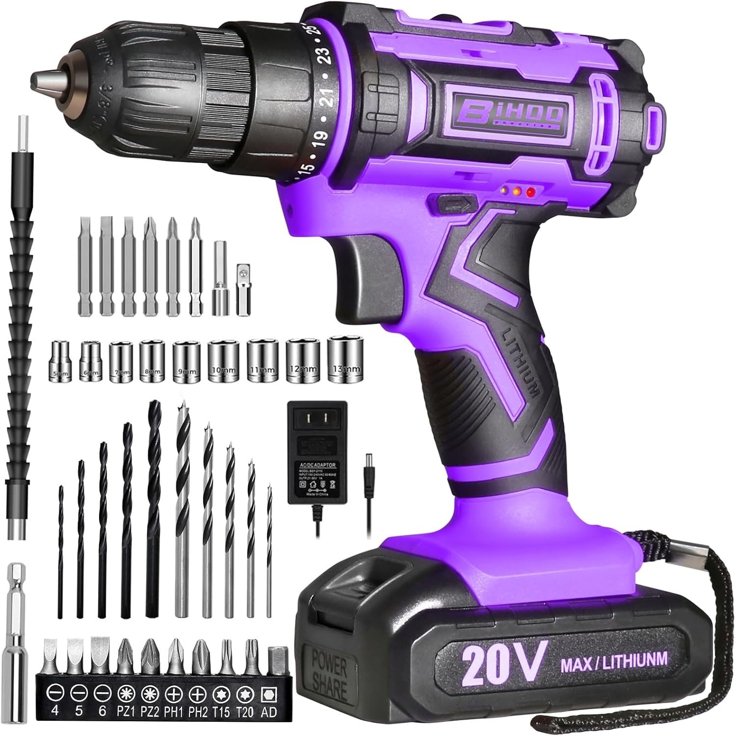 Purple Cordless Drill Set,20V Drill Driver with Battery and Charger,3/8-Inch …