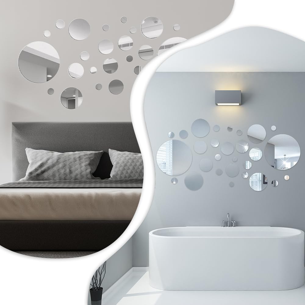 Acrylic Circle Mirror Decals, 32-Pc Removable Wall Sticker Set for Home Decor
