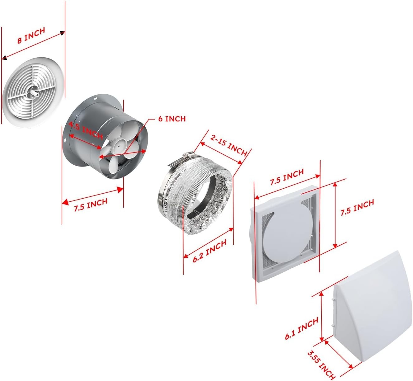 512M 6" Through Wall Exhaust Fan 80CFM 4.0 Sones Bathroom Kitchen Vent