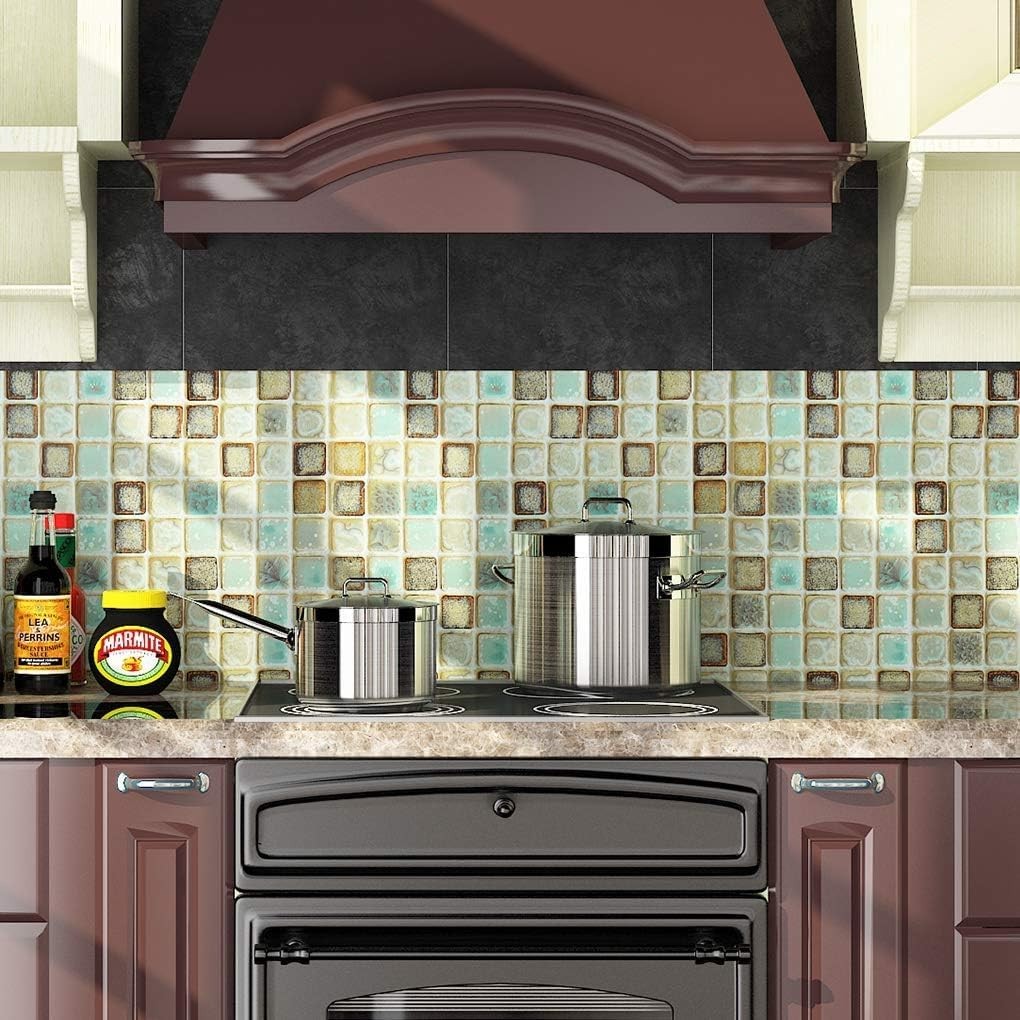 Livelynine Vinyl Bathroom Wallpaper Peel and 15.8 x 78.8, Green Mosaic Tiles