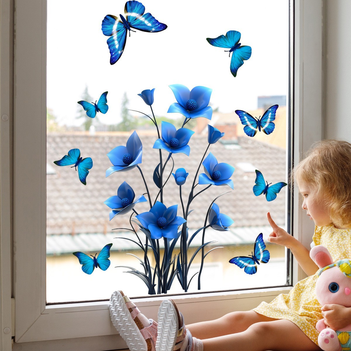 Waterproof Blue Flower Butterfly Window Cling PVC 11.81×23.62in Reusable Design