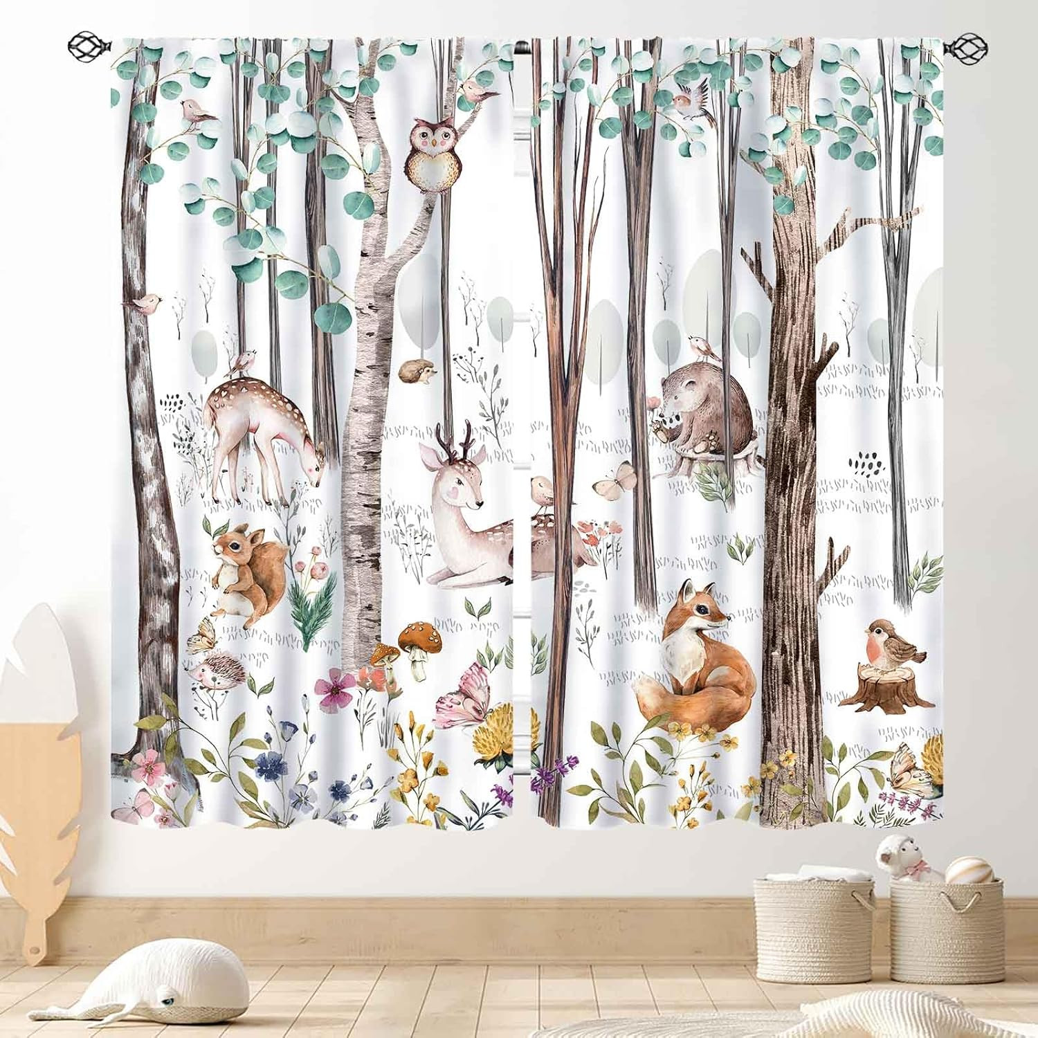 Woodland Curtains for Kids Room Nursery, Rustic Woodland Wild Animals Watercolor