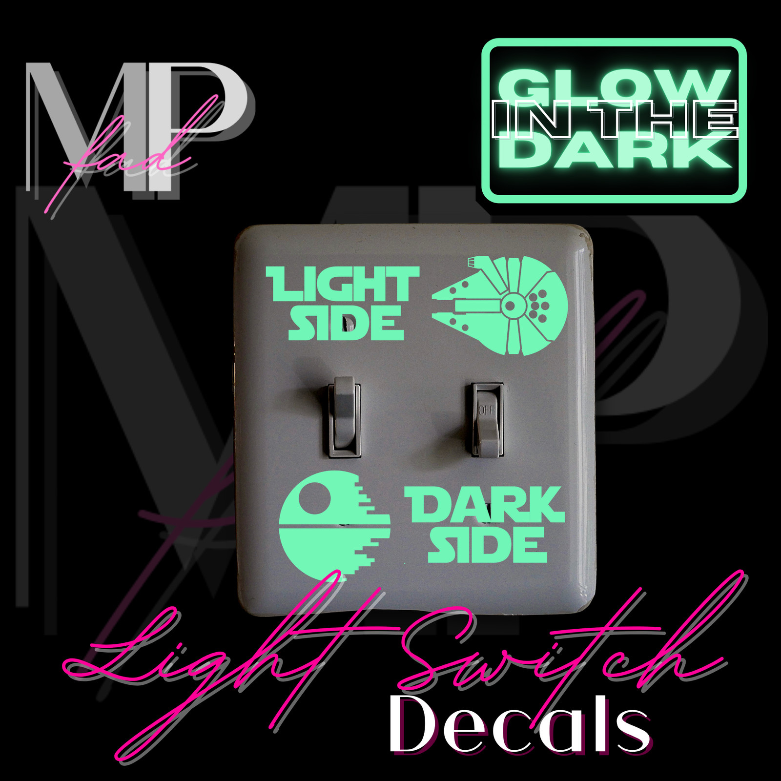 Star Wars LIGHT Switch Decal DARK SIDE Vinyl DEATH STAR FALCON GLOW-IN-THE-DARK