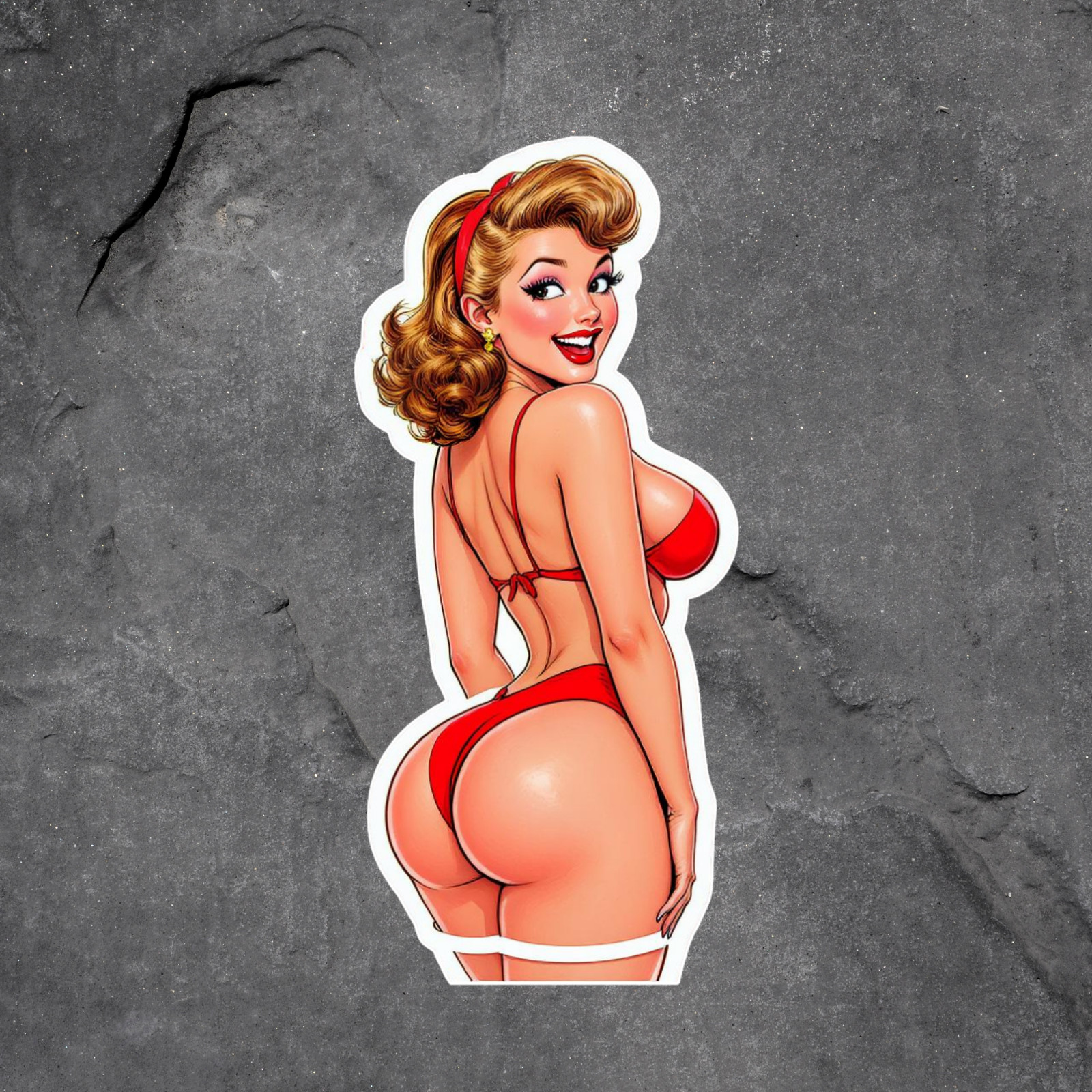 Pinup Girl Sticker Vinyl Decal Retro Red Bikini Back View Smiling Bombshell 7"