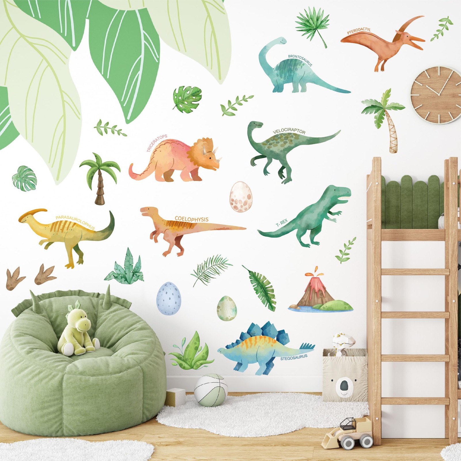 AOWDIAO Watercolor Dinosaur Wall Decals – 28 Pcs Peel and Stick