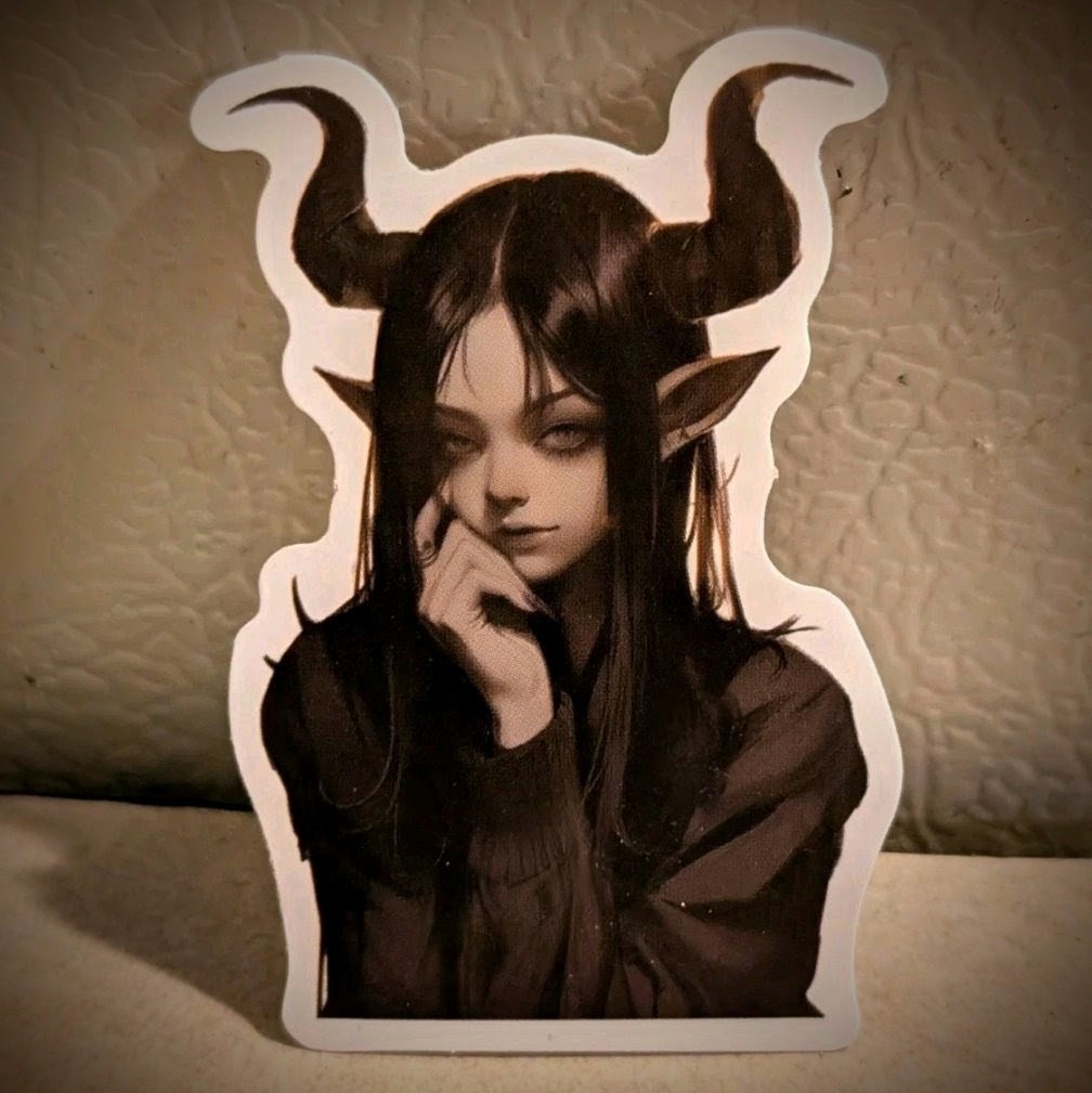 Haunted Active Spirit Demon Girl With Horns Death Shy Black Sticker 1 Pc