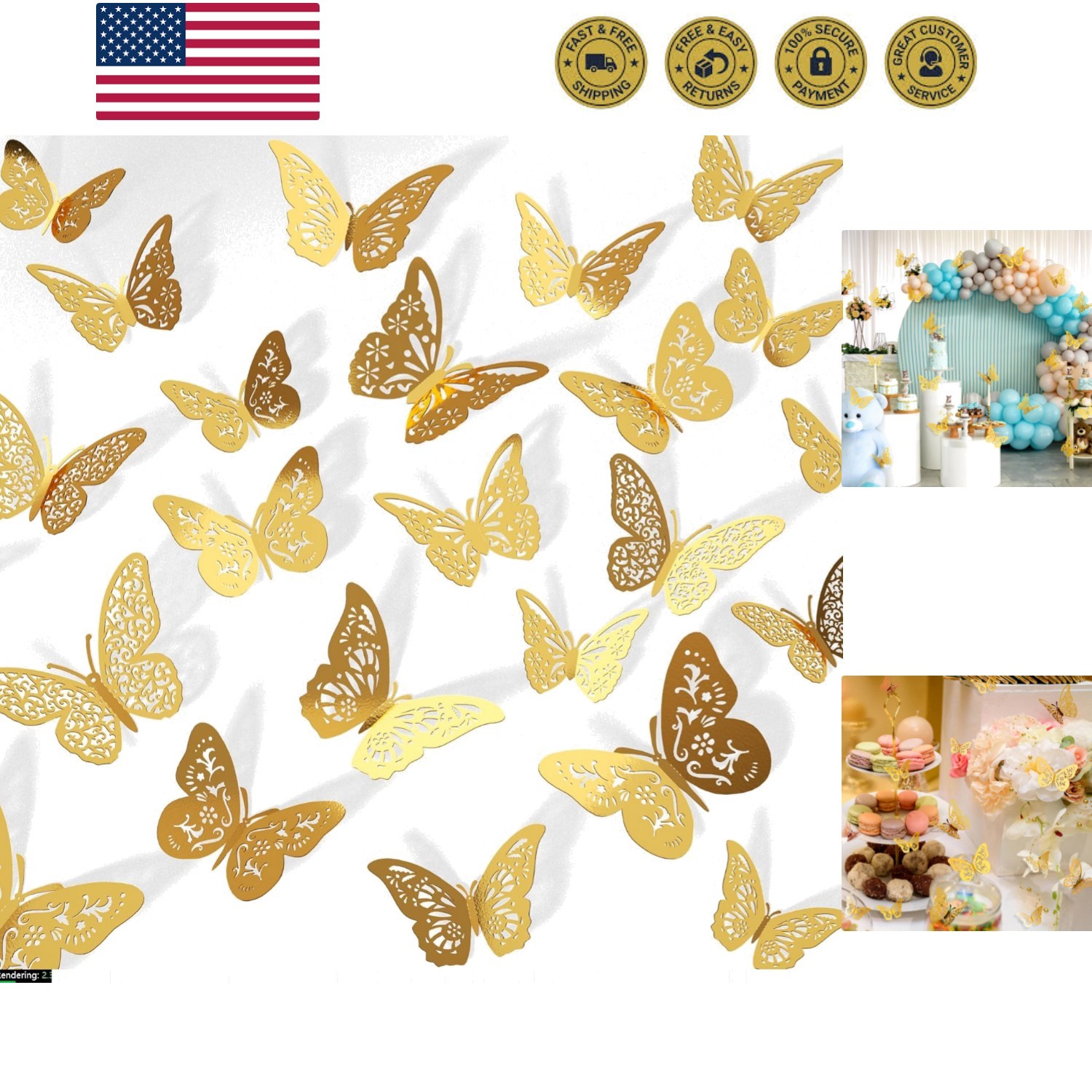 48 Pcs Gold 3D Butterfly Decorations, 4 Styles 3 Sizes, Butterfly Wall Decor,…