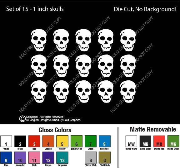 1 inch Skull Set of 15 Decals Vinyl Stickers Craft Supplies Home Laptop Car Bone
