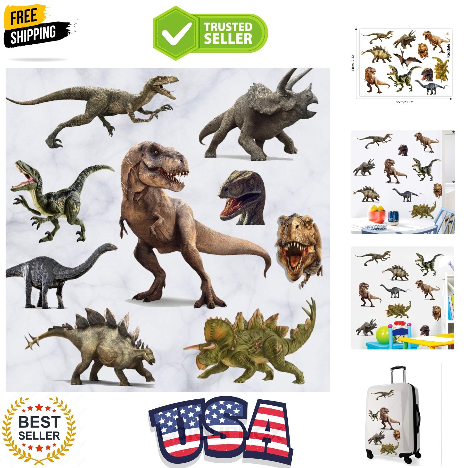 3D Watercolour Dinosaur Wall Stickers, Peel and Stick Removable Wall Decals f…