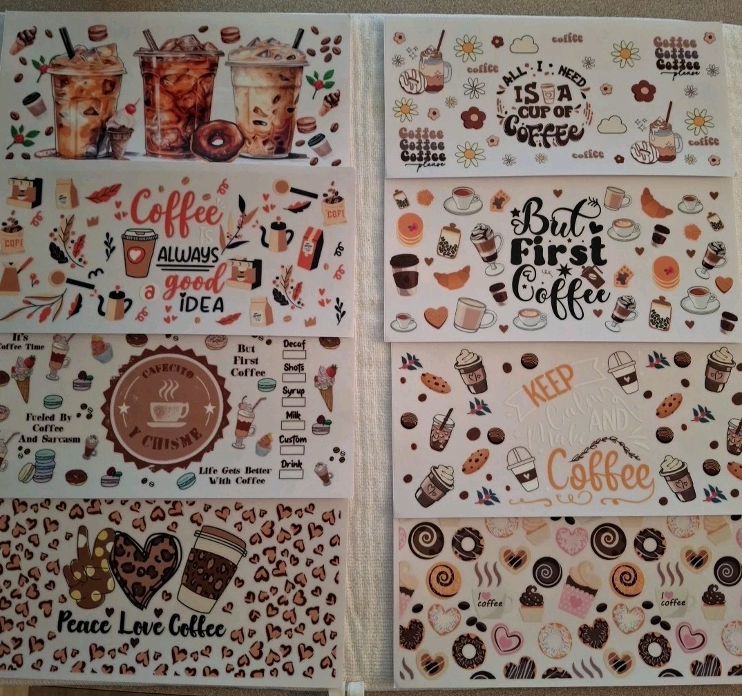 UV DTF Coffee Drinker Theme Cup Wraps Transfer Stickers Set 8 Decals 4 X 9 Inch