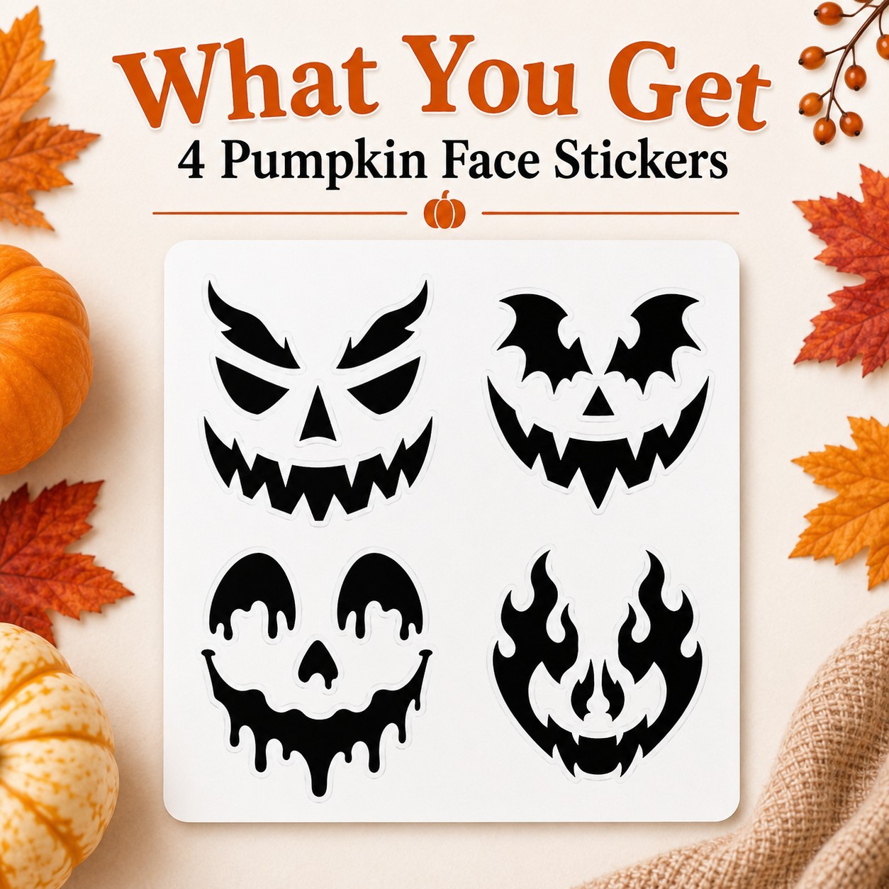 Halloween Pumpkin Face Sticker Set | 4 Reusable Jack-O'-Lantern Vinyl Decals