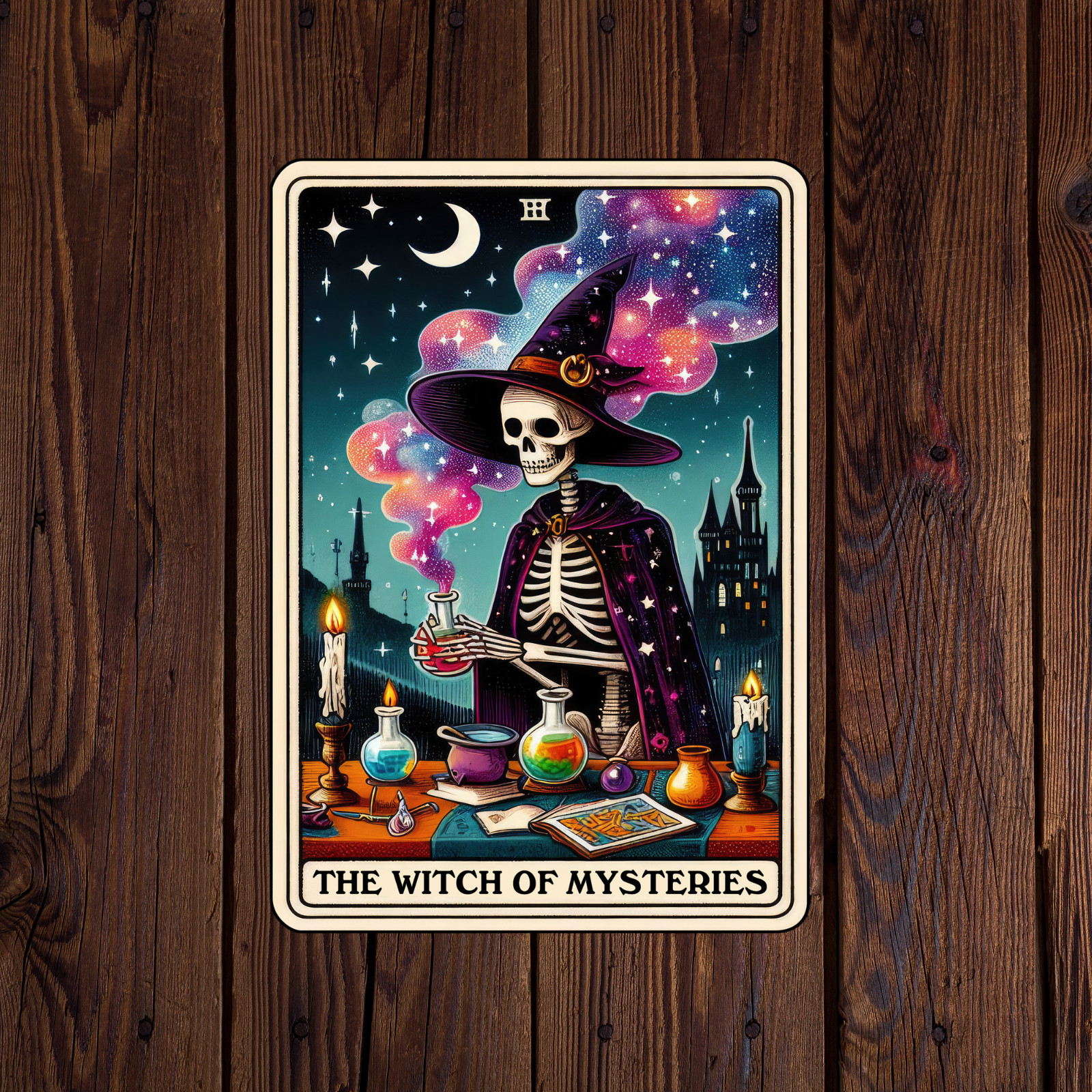 Tarot card sticker vinyl decal the witch of mysteries skeleton moon stars mug