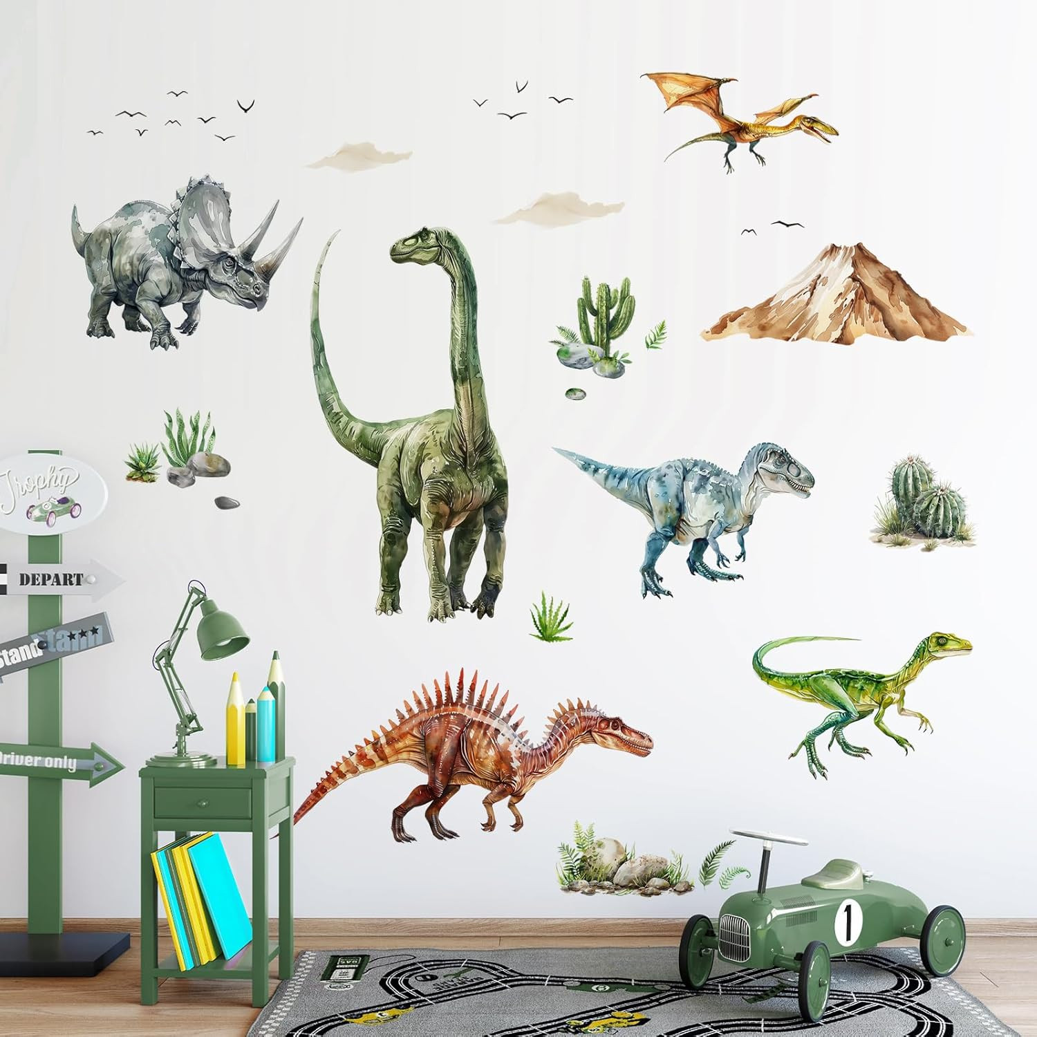 Dinosaur Wall Decals, Large Dino Wall Stickers Volcano Tropical Plants Cactus Pe