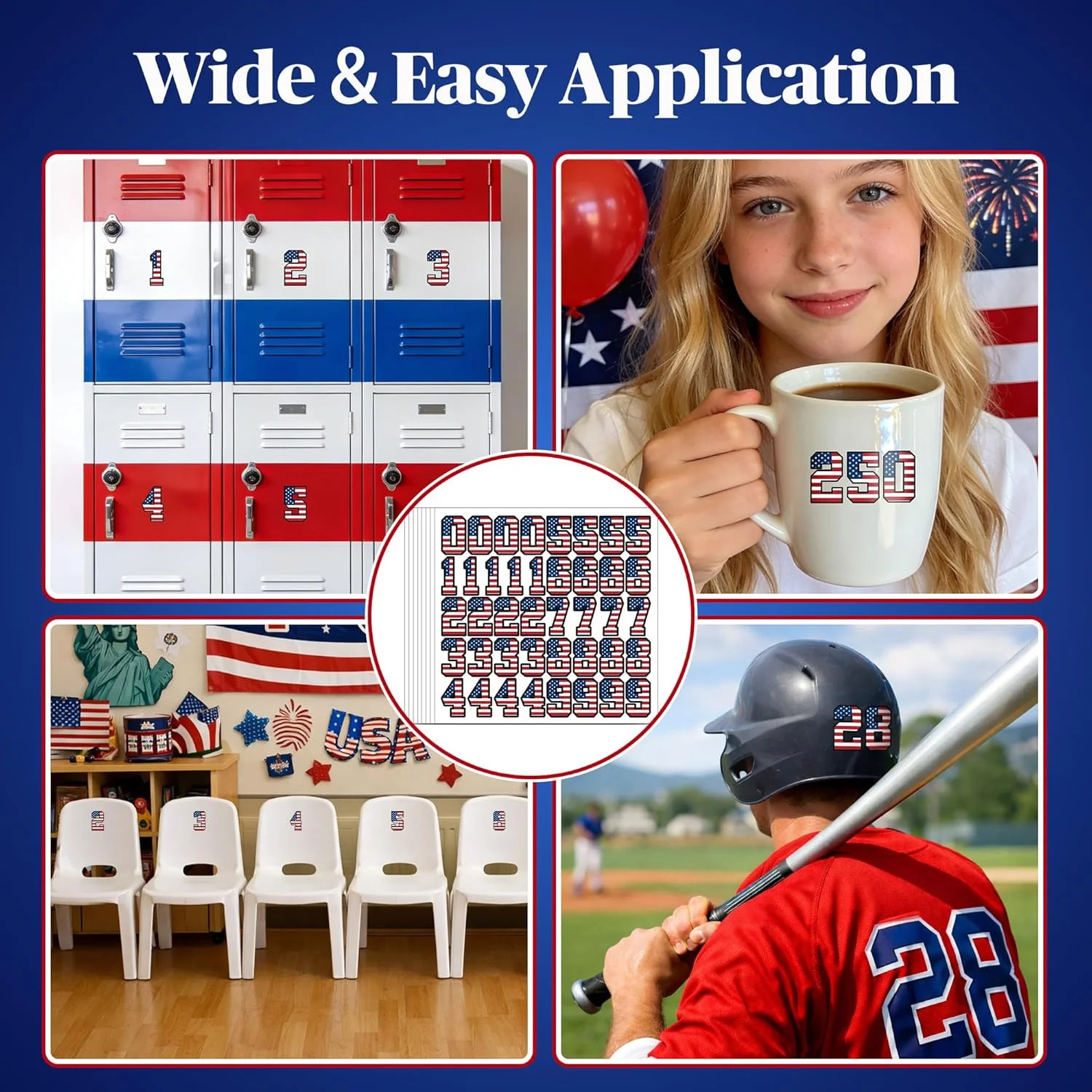 328 Pcs American Flag Helmet Number Stickers, Red White Blue Patriotic Sports He