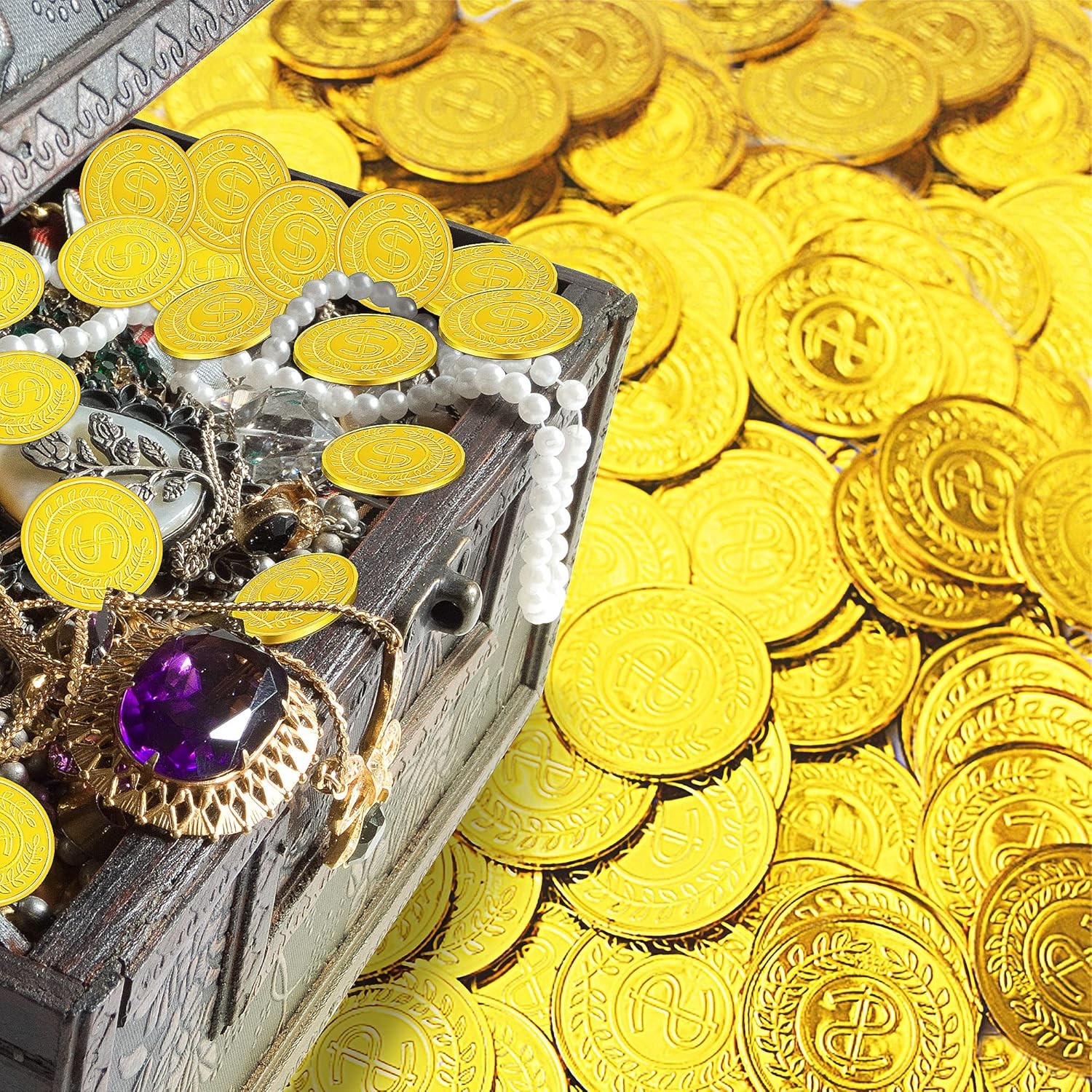 100 Count Plastic Gold Coins Set, Pirate Treasure Play for