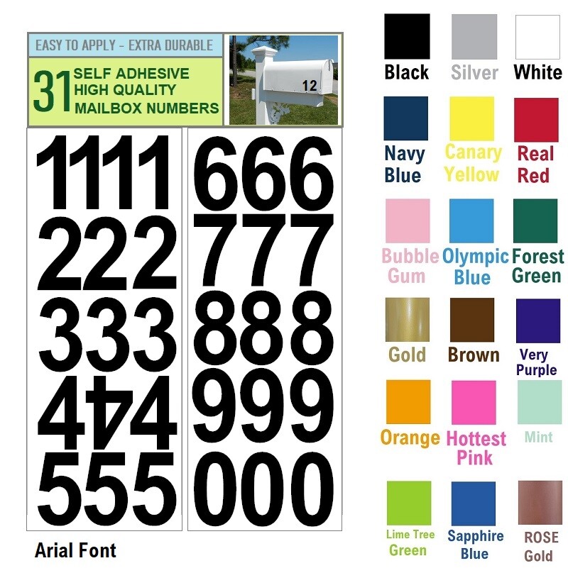 SET OF 31 1.5" HIGH SELF ADHESIVE VINYL MAILBOX NUMBERS, DOOR, LOCKERS (Arial)