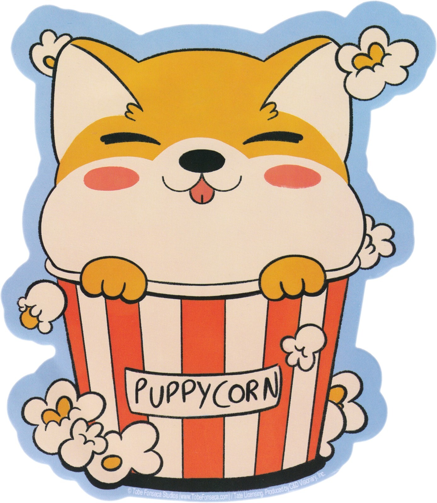 Sticker – Puppycorn Cute Corgi Pup In Popcorn Bucket 5.5" x 4.63" Die Cut #10321