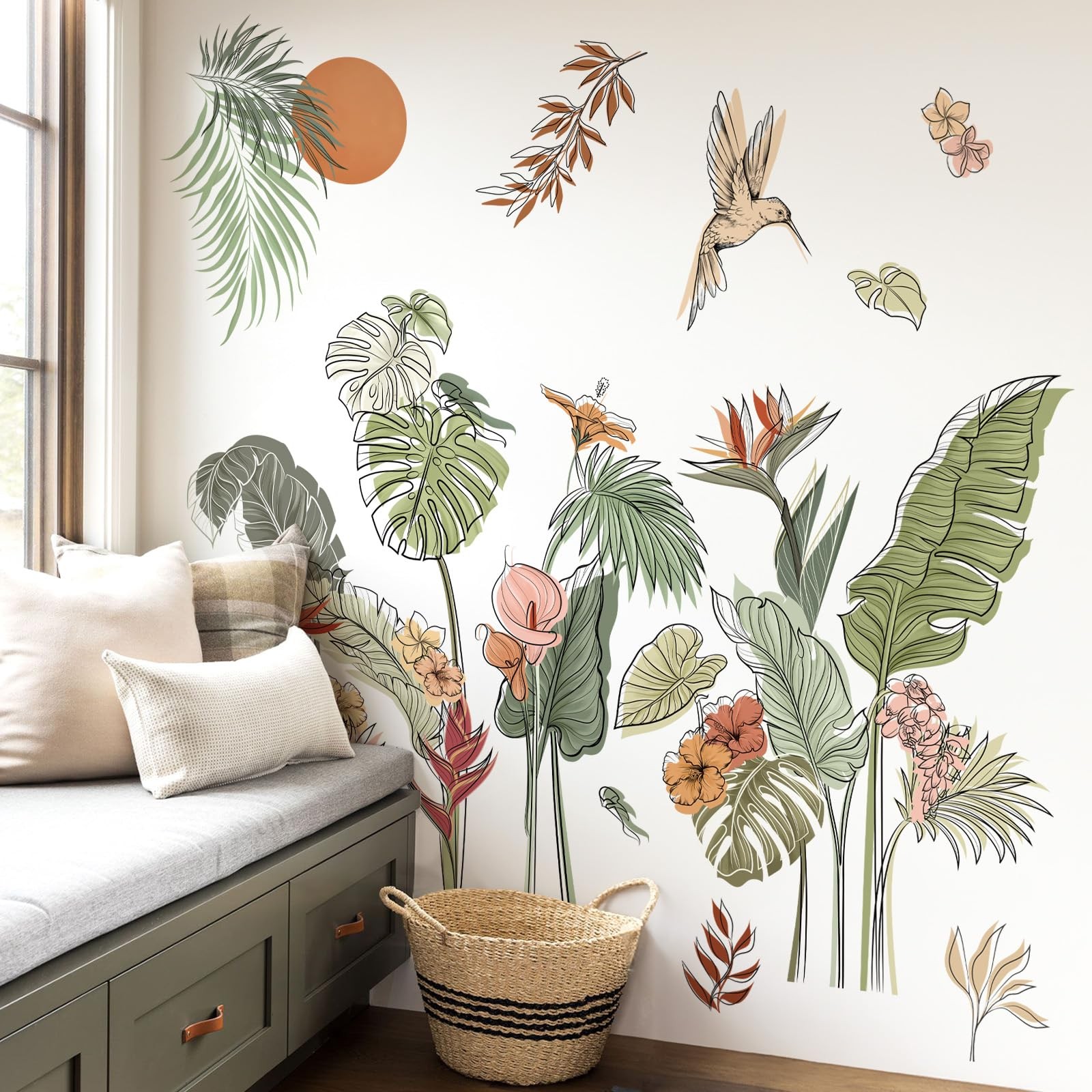 Boho Tropical Leaves Flower Wall Decals Bohemian Floral Plants Sun Wall Stick…