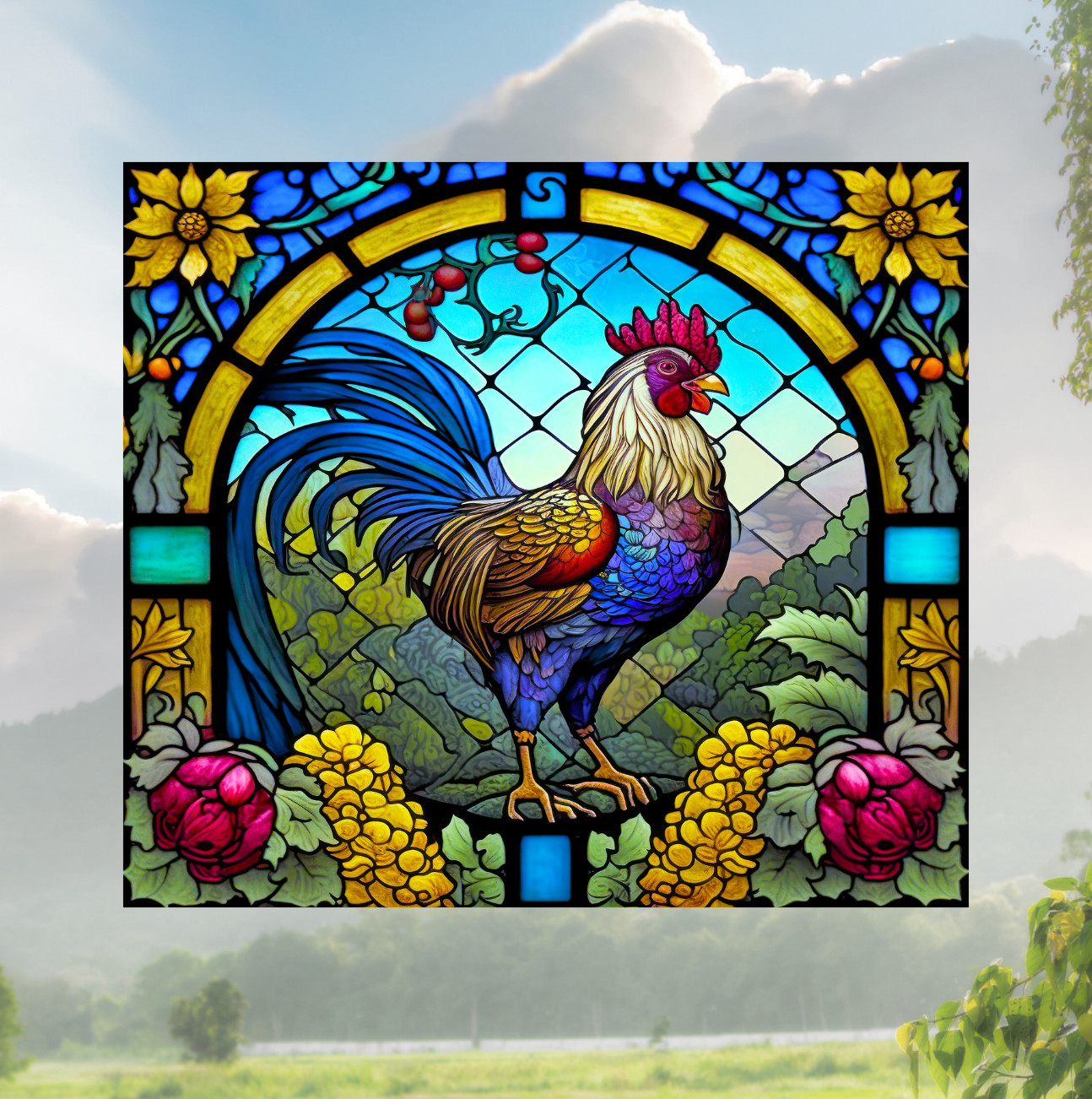 Rooster Faux Stained-Glass WINDOW CLING Size 9" Repositionable Vinyl